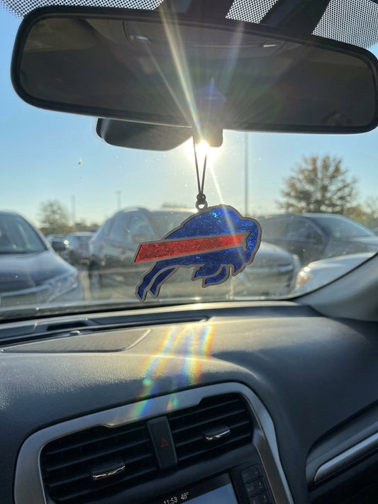 Laser cut finished wood Buffalo Bills rearview mirror car charm with blue and red acrylic