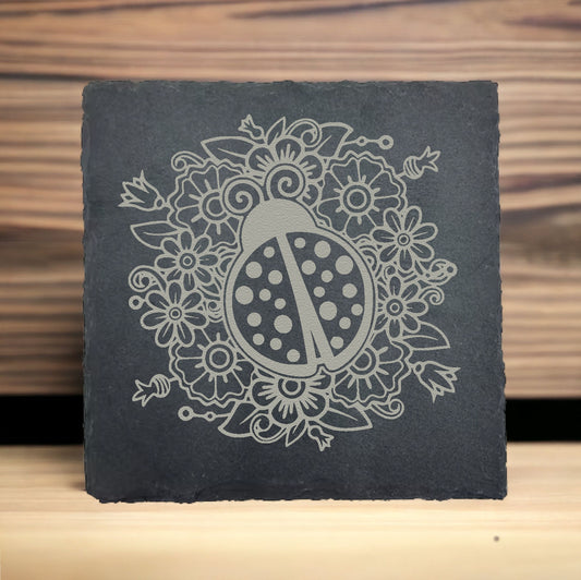 Lady Bug Mandala Slate Coaster